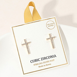 18K Gold Dipped CZ Stone Pave Cross Stud Earrings