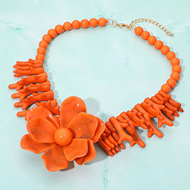 Bold Marbled Resin Flower Centerpiece Sculpted Coral Beaded Statement Necklace