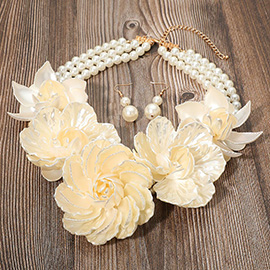 Bold Pearly Petal Floral Link Triple Pearl Strand Statement Necklace
