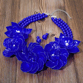 Bold Pearly Petal Floral Link Triple Pearl Strand Statement Necklace