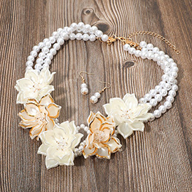 Bold Two Tone Pearly Floral Link Triple Pearl Strand Statement Necklace