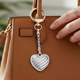 14K Gold Plated Two Tone Textured Heart Drop Keychain Bag Charm
