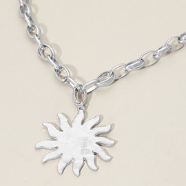 Brushed Metal Sunburst Pendant Chunky Chain Necklace