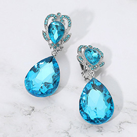 Ornate Top Faceted Teardrop Stone Dangle Clip On Evening Earrings