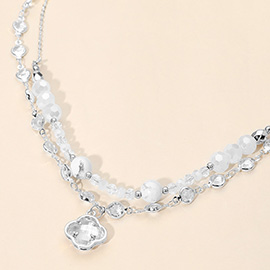 Quatrefoil Pendant Accent Dual Layer Beaded Necklace