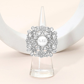 Pearl Centered Rhinestone Embellished Blossom Stretch Statement Ring
