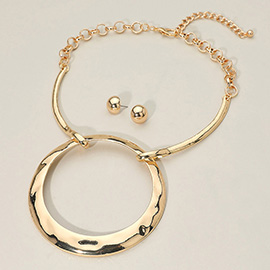 Bold Modern Hammered Metal Circle Pendant Accent Statement Necklace
