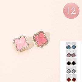 12Pairs - Rhinestone Rim Quatrefoil Stud Earrings