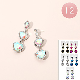 12Pairs - Heart Stone Link Drop Earrings