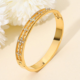 Stainless Steel Stone Accent Floral Hinged Bangle Bracelet