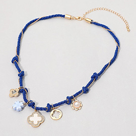 Mother of Pearl Quatrefoil Ceramic Flower Charm Station Braid Chain Wrap Necklace