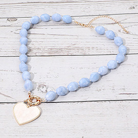 Mother of Pearl Heart Pendant Marbled Pebble Beaded Necklace
