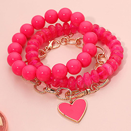 3PCS - Enamel Heart Charm Chain Stretch Beaded Multi Layered Bracelets