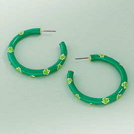 Enamel Shamrock Open Hoop Earrings