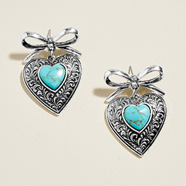 Boho Western Bow Turquoise Stone Center Heart Drop Dangle Earrings