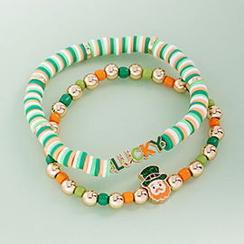 2PCS - St Patricks LUCKY Leprechaun Heishi Beaded Stretch Multi Layered Bracelets