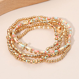 6PCS - Cross Charm Accent Seed Beaded Stretch Multi Layered Bracelets