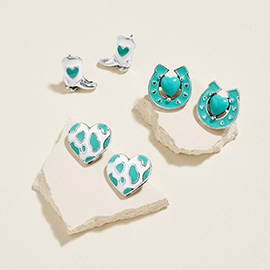 3Pairs - Western Heart Boot Horseshoe Stud Earring Set