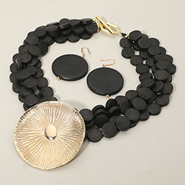 Bold Textured Metal Disc Accent Wooden Disc Beaded Multi Layered Statement Necklace