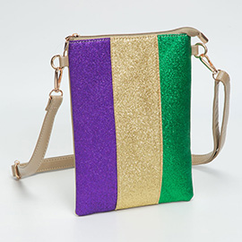 Glittered Vertical Strip Mardi Gras Flat Mini Crossbody Bag