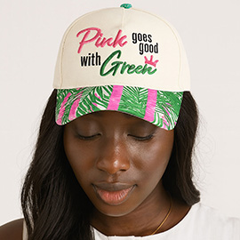 PINK GREEN Message Embroidered Palm Tree Pattern Printed Brim Baseball Cap