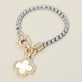 14K Gold Plated Two Tone CZ Stone Paved Quatrefoil Charm Bracelet