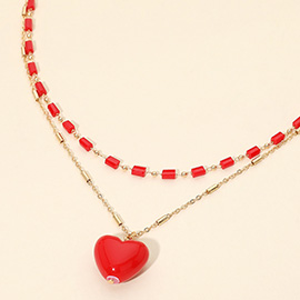 Resin Heart Pendant Accent Beaded Chain Layered Necklace