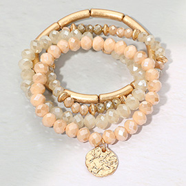 4PCS - Hammered Metal Disc Charm Accent Faceted Beaded Stretch Multi Layered Bracelets