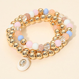 3PCS - Oval Stone Charm Ball Beaded Stretch Multi Layered Bracelets