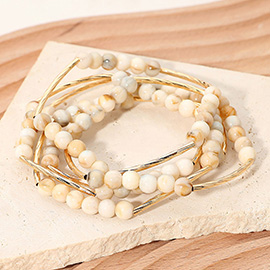 5PCS -Round Ball Curved Textured Bar Beaded Stretch Multi Layered Bracelets