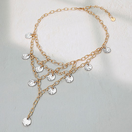 Hammered Metal Disc Drop Layered Statement Necklace