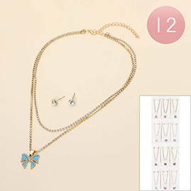 12PCS - Bow Pendant Accent Layered Tennis Chain Necklaces