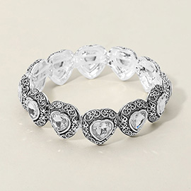 Antique Metal Scrollwork Frame Heart Tile Beaded Stretch Bracelet