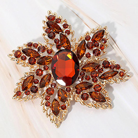 Oval Stone Center Rhinestone Studded Floral Statement Pin Brooch