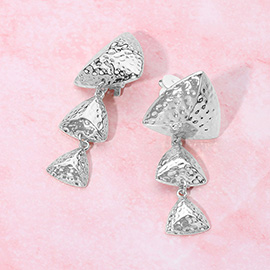 Triple Hammered Metal Triangle Link Drop Clip On Earrings