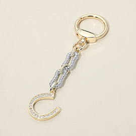 14K Gold Plated Two Tone CZ Stone Paved Horseshoe Charm Drop Keychain Bag Charm