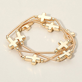 3PCS - Metal Cross Station Stretch Multi Layered Bracelets