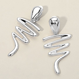 Bold Metal Abstract Wave Drop Dangle Clip On Earrings