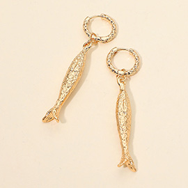 Textured Metal Fish Charm Dangle Huggie Earrings