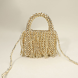 Faceted Beaded Structured Fringe Mini Top Handle Evening Crossbody Bag