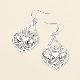 Metal Claddagh Heart Crown Motif Dangle Earrings