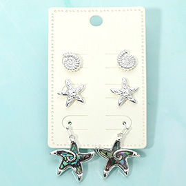 3Pairs - Metal Shell Starfish Stud Abalone Starfish Drop Dangle Earring Set