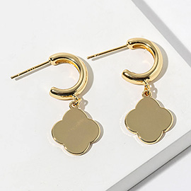 Gold Dipped Quatrefoil Charm Drop Dangle Mini Hoop Earrings
