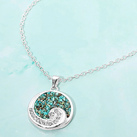 Crushed Pebble Swirl Wave Round Pendant Necklace