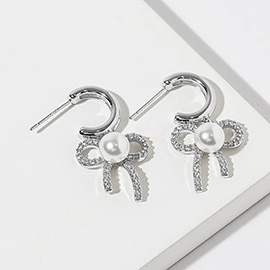 White Gold Dipped Pearl Center CZ Paved Bow Drop Mini Hoop Earrings
