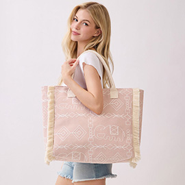 Boho Geometric Elephant Print Fringe Tote Bag