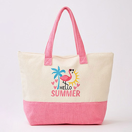 HELLO SUMMER Message Flamingo Graphic Printed Terry Tote Bag